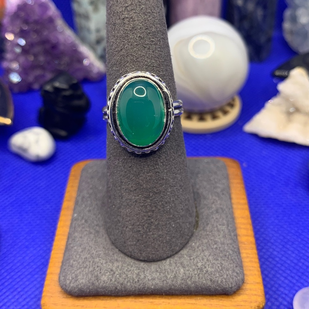 Stunning Green Onyx Ring, 925 Sterling Silver Overlay, Size 7, Handmade.